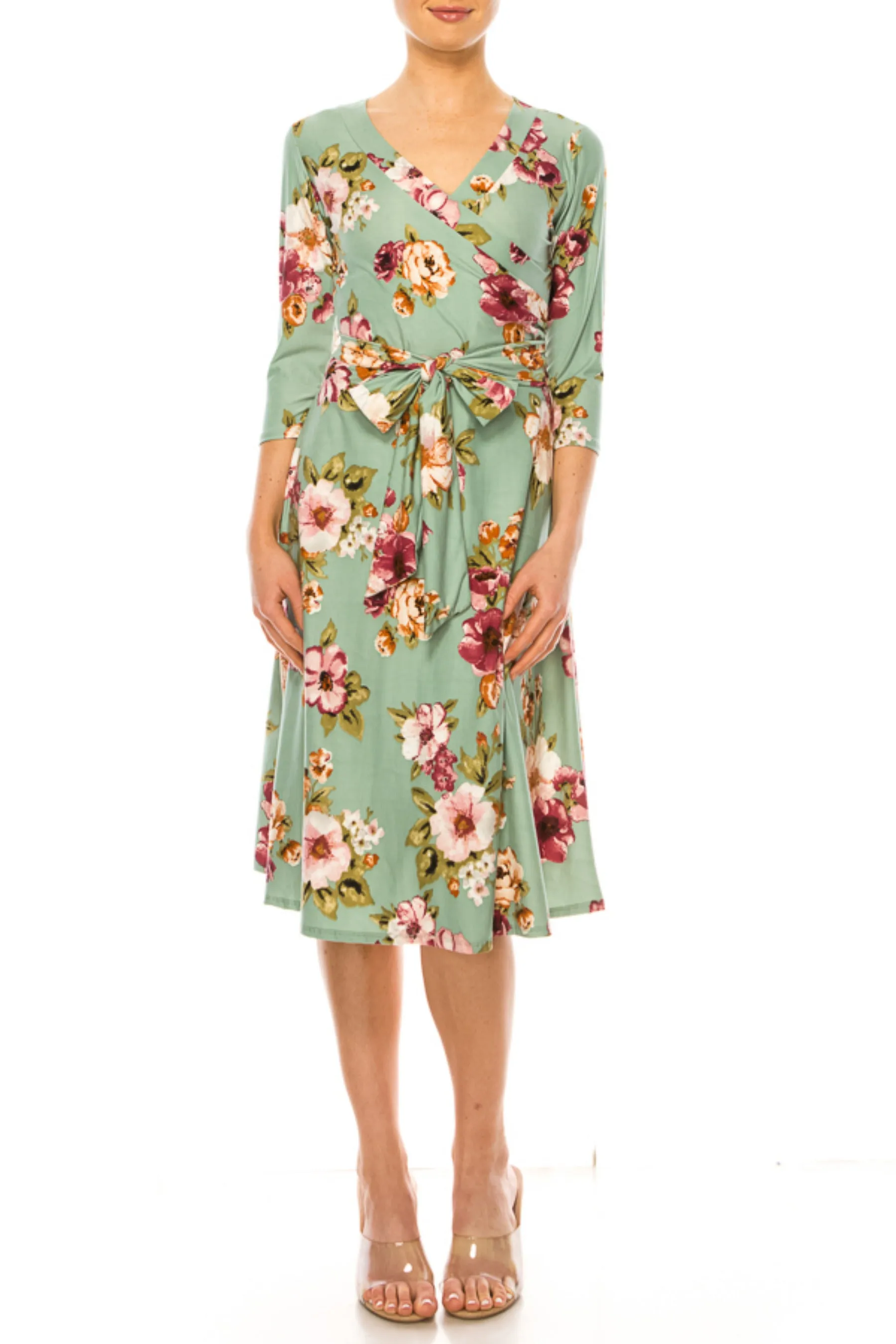 Women's Floral Print Faux Wrap Dress with Deep V-neck and Waist Tie