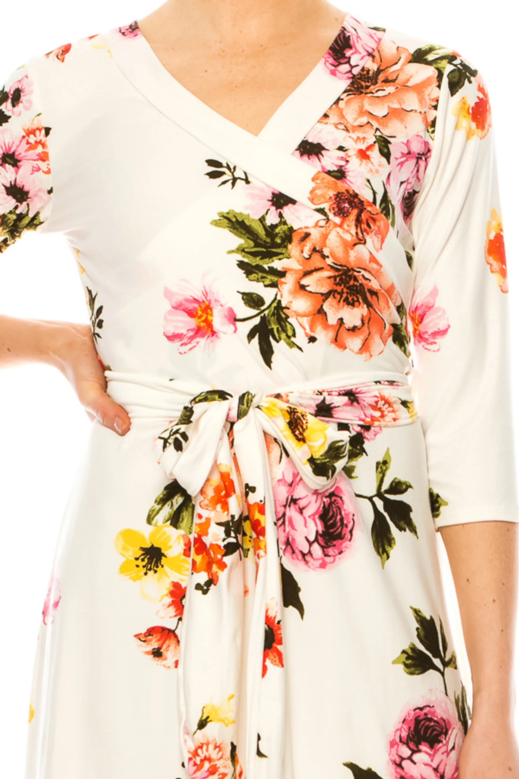 Women's Floral Print Faux Wrap Dress with Deep V-neck and Waist Tie
