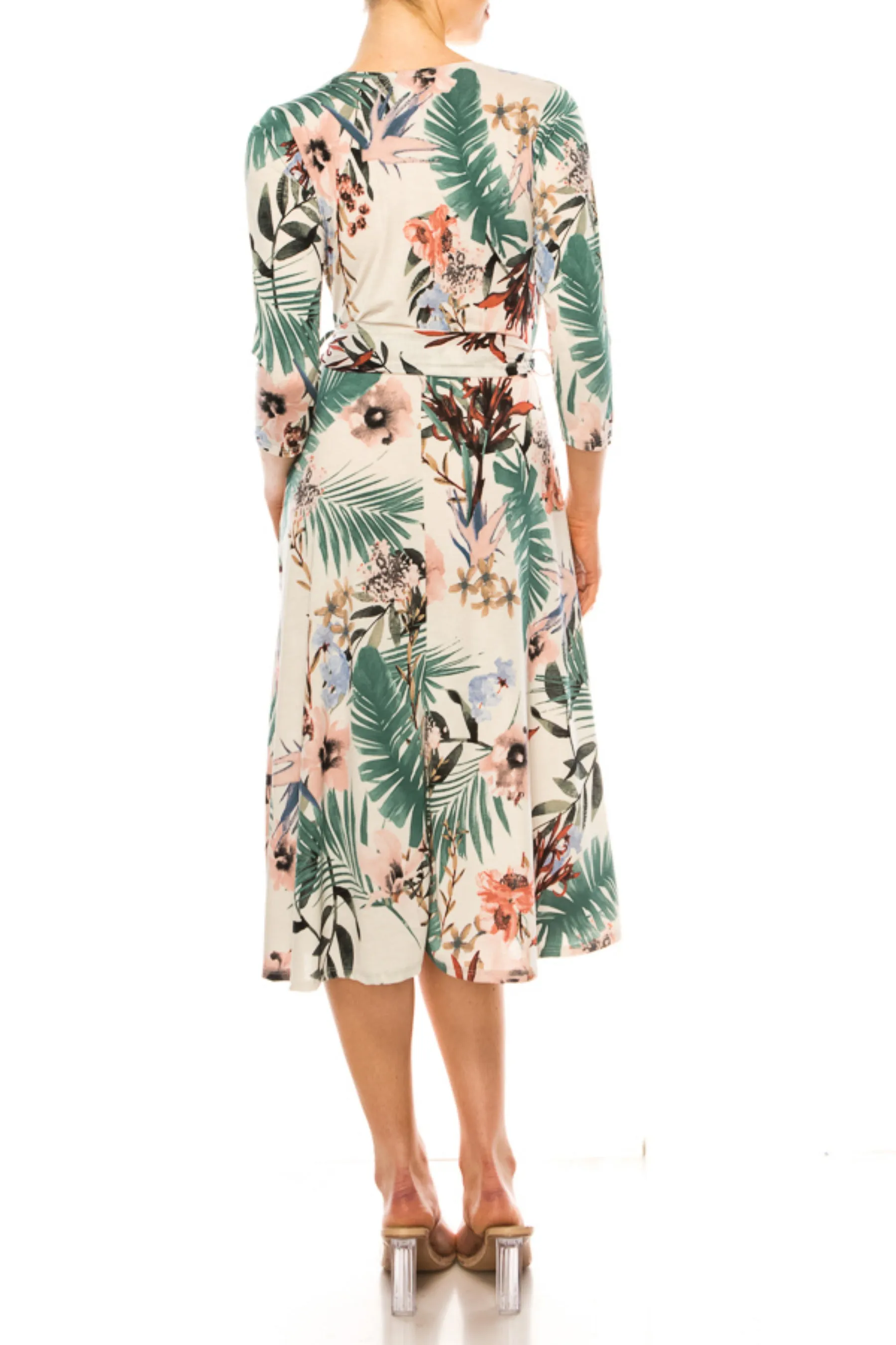 Women's Floral Print Faux Wrap Dress with Deep V-neck and Waist Tie