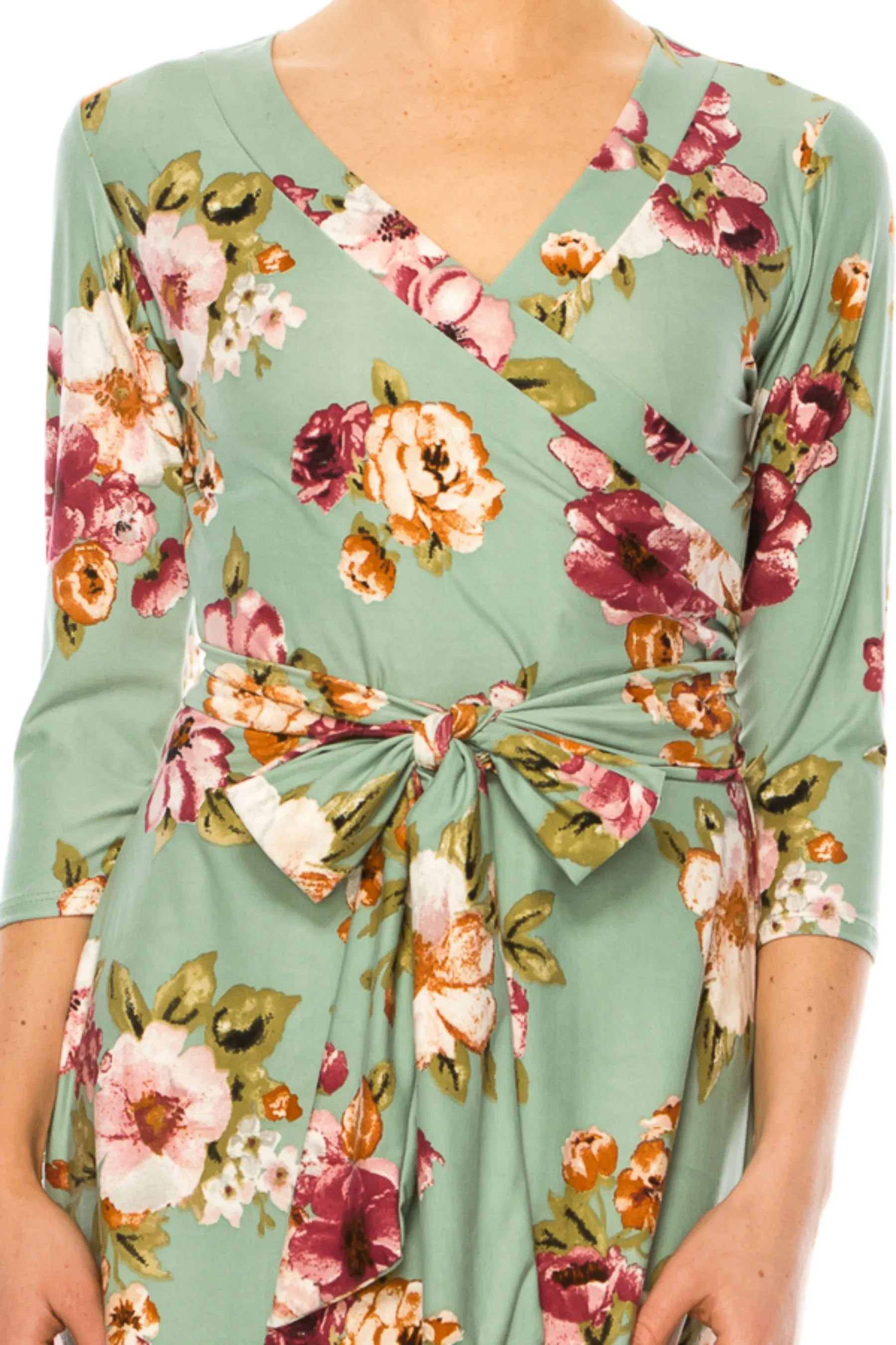 Women's Floral Print Faux Wrap Dress with Deep V-neck and Waist Tie