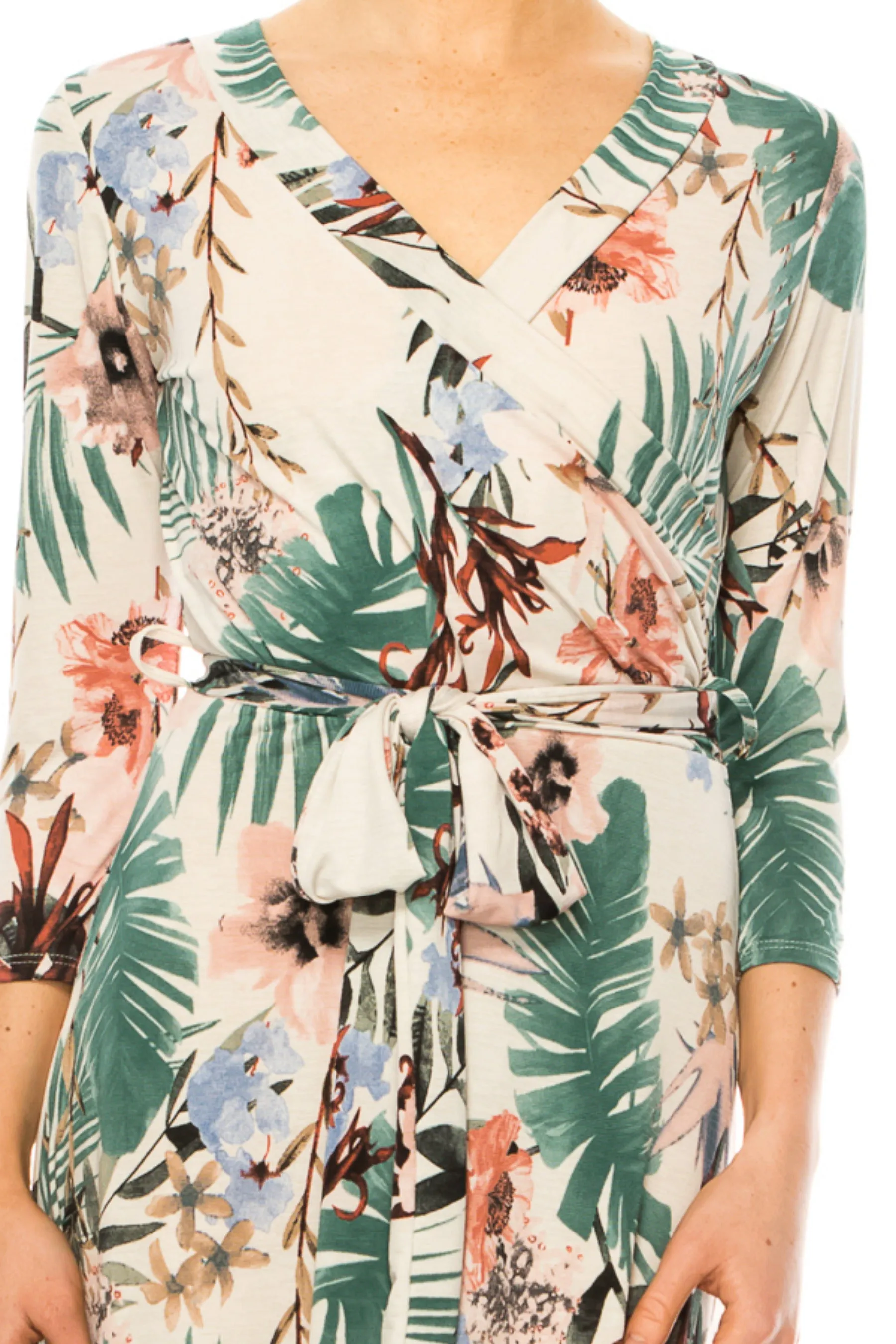 Women's Floral Print Faux Wrap Dress with Deep V-neck and Waist Tie