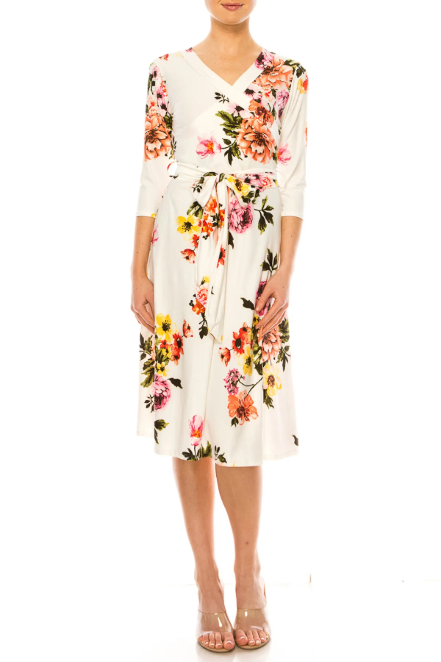 Women's Floral Print Faux Wrap Dress with Deep V-neck and Waist Tie