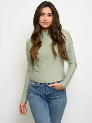WOMEN'S LONG SLEEVE GLITTER LETTUCE HEM MOCK NECK TOP
