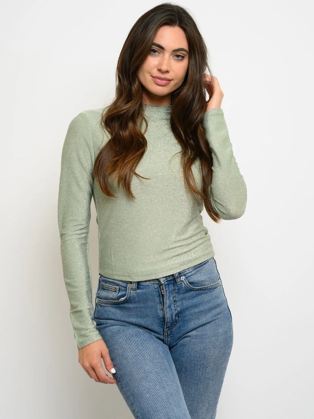 WOMEN'S LONG SLEEVE GLITTER LETTUCE HEM MOCK NECK TOP
