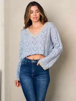 WOMEN'S LONG SLEEVE V-NECK KNIT CROP TOP