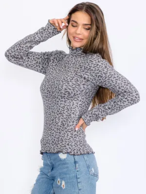 WOMEN'S LONG SLEEVES MOCK NECK ANIMAL PRINT TOP