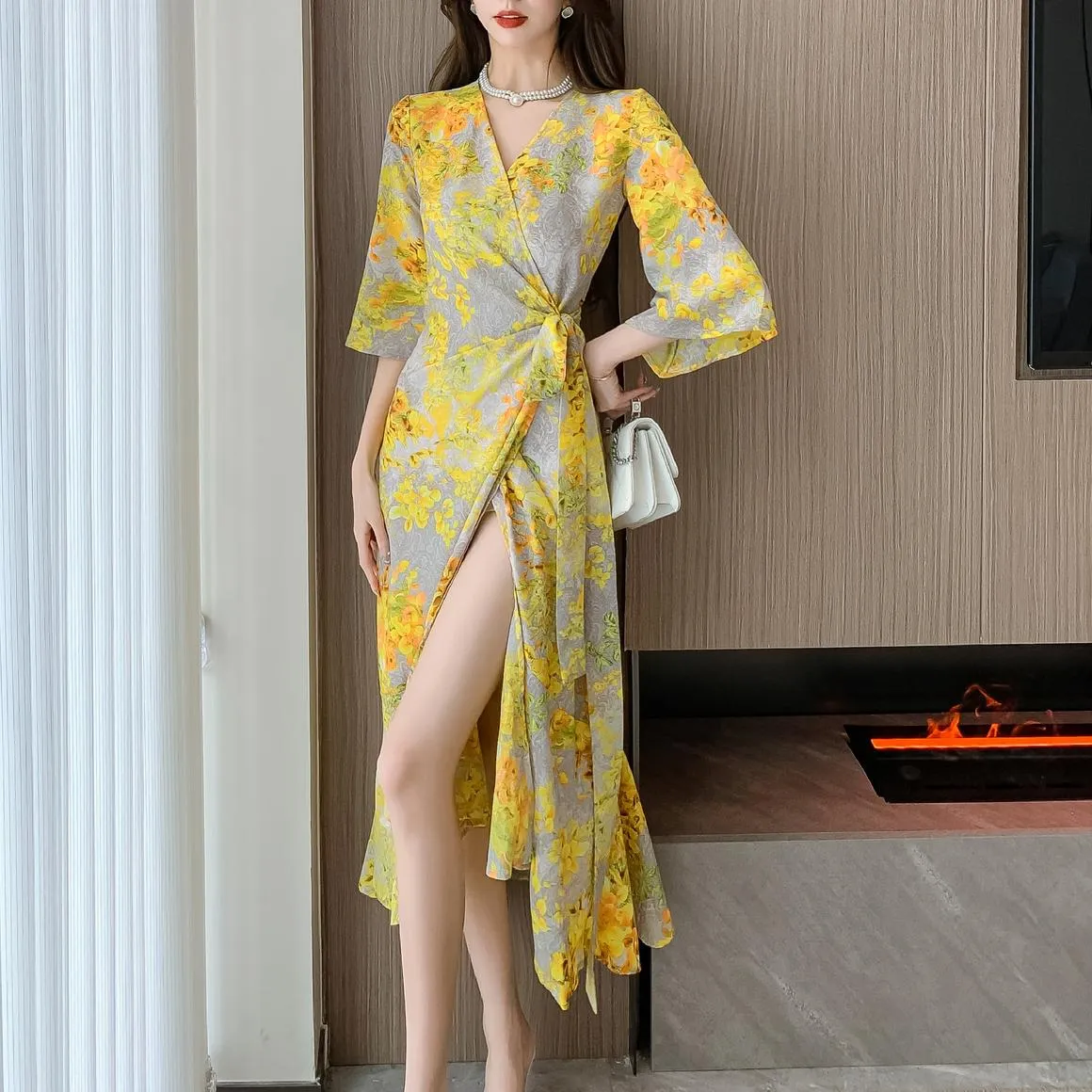 Women's Mid-Length Floral Print Tea Dress with Tie Detail