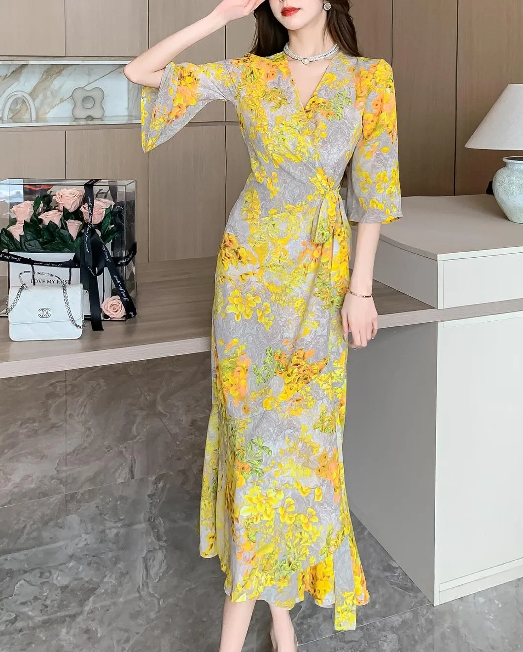Women's Mid-Length Floral Print Tea Dress with Tie Detail