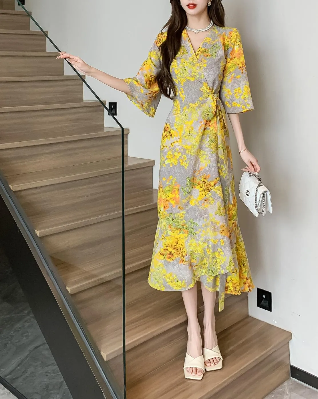 Women's Mid-Length Floral Print Tea Dress with Tie Detail