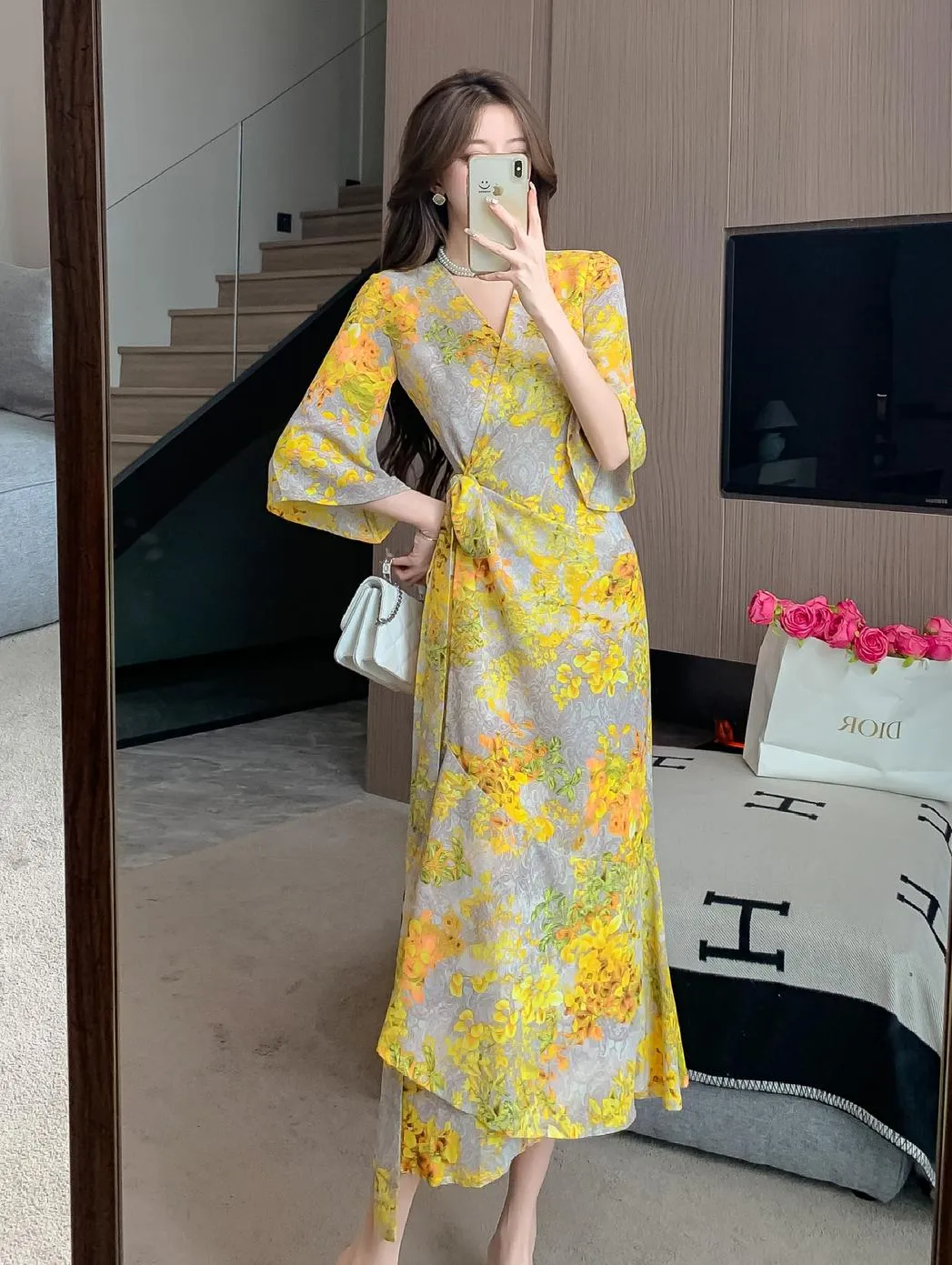 Women's Mid-Length Floral Print Tea Dress with Tie Detail
