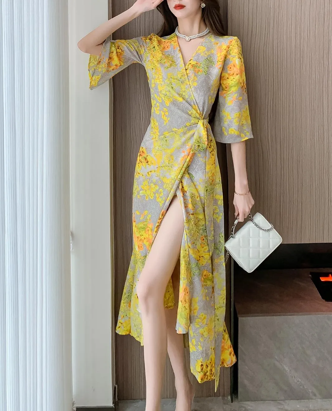 Women's Mid-Length Floral Print Tea Dress with Tie Detail