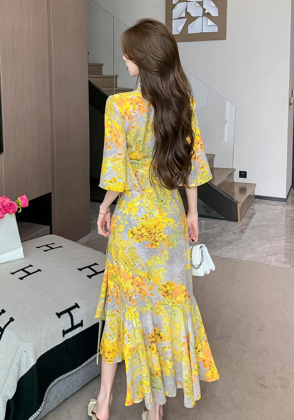 Women's Mid-Length Floral Print Tea Dress with Tie Detail
