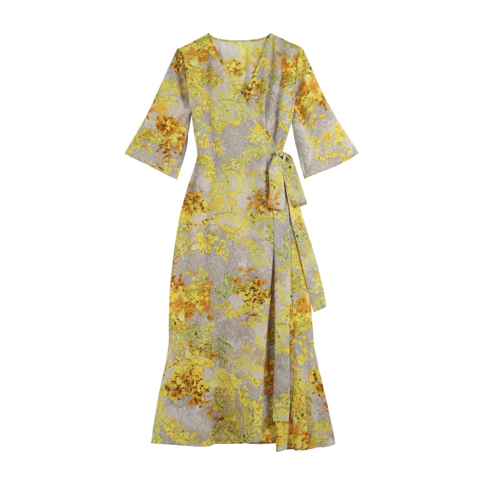 Women's Mid-Length Floral Print Tea Dress with Tie Detail