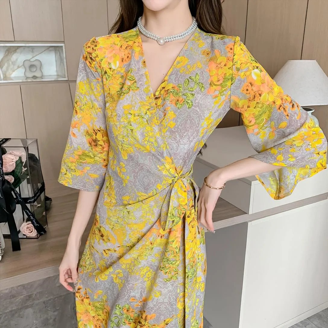 Women's Mid-Length Floral Print Tea Dress with Tie Detail