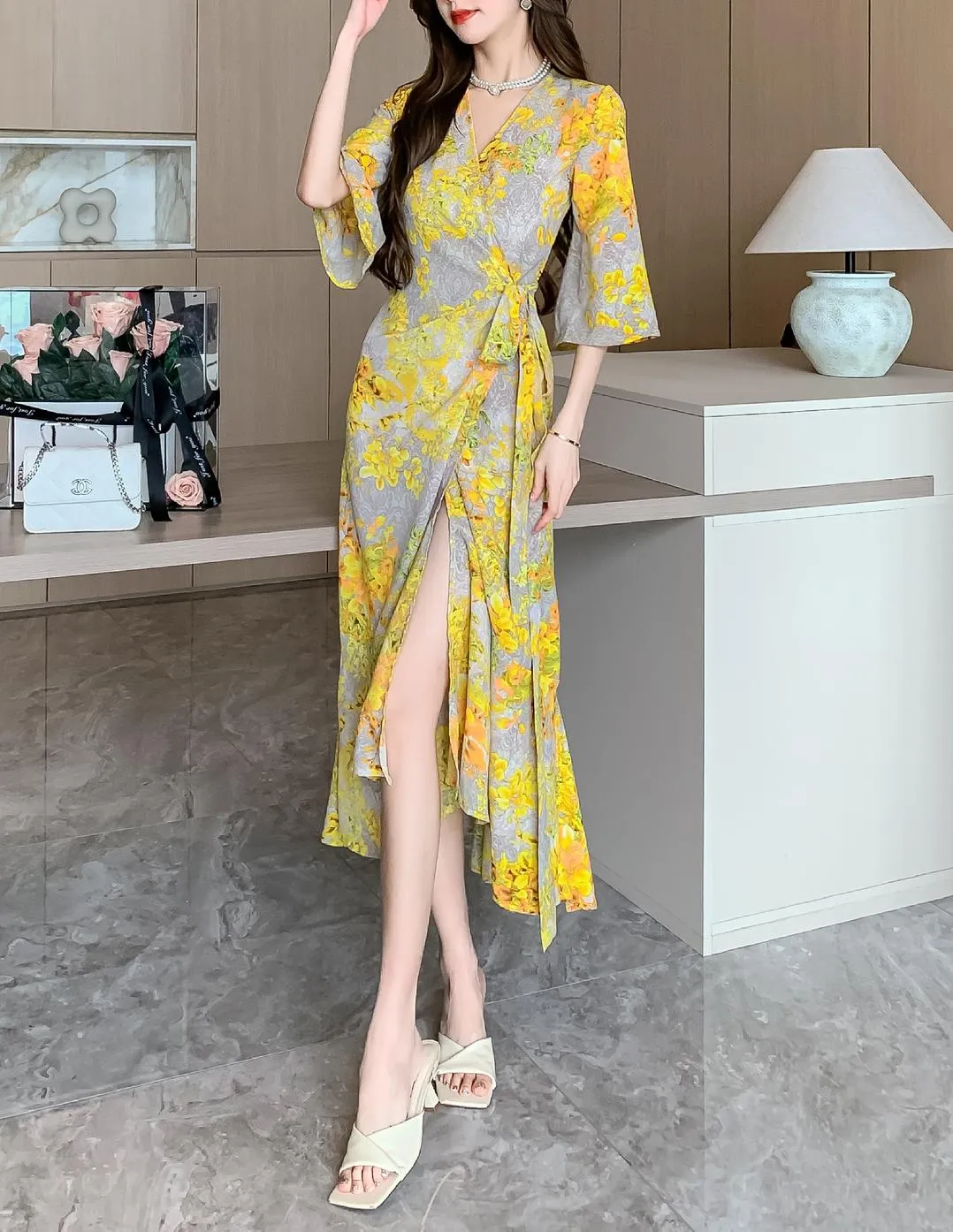 Women's Mid-Length Floral Print Tea Dress with Tie Detail
