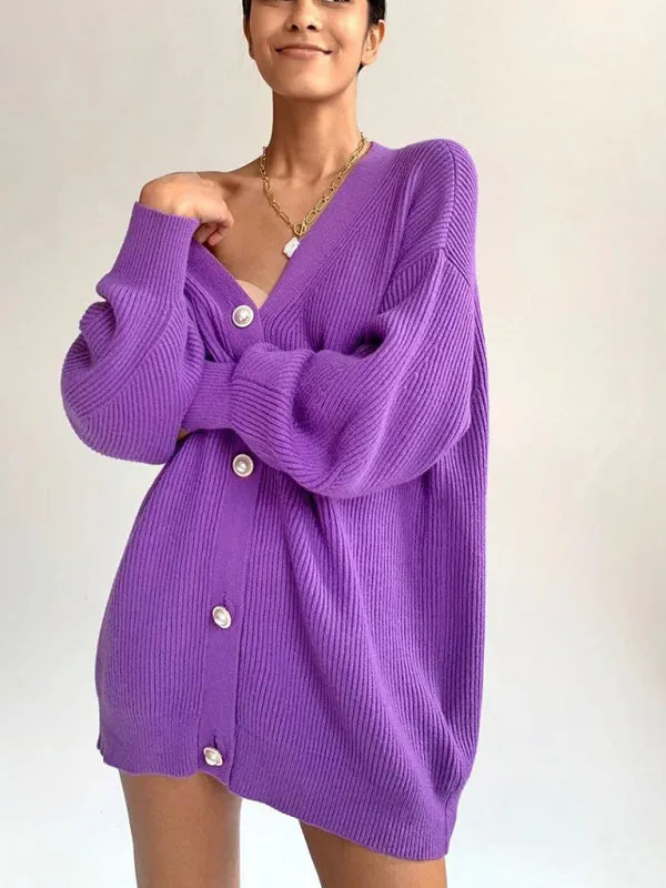 Women's Oversized Baggy Fit Ribbed Button Up Cardigan Sleeves