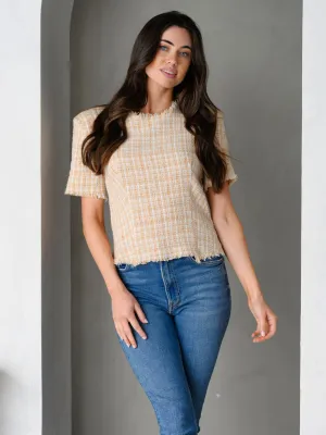 WOMEN'S PADDED SHOULDERS SHORT SLEEVE TWEED TOP