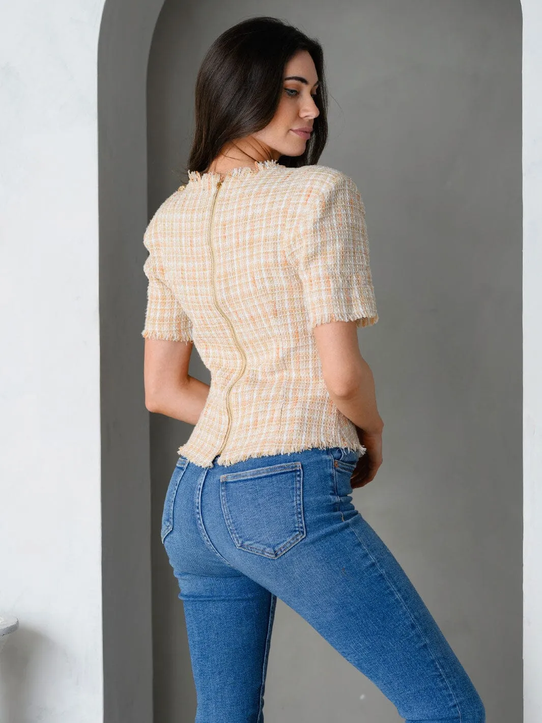 WOMEN'S PADDED SHOULDERS SHORT SLEEVE TWEED TOP