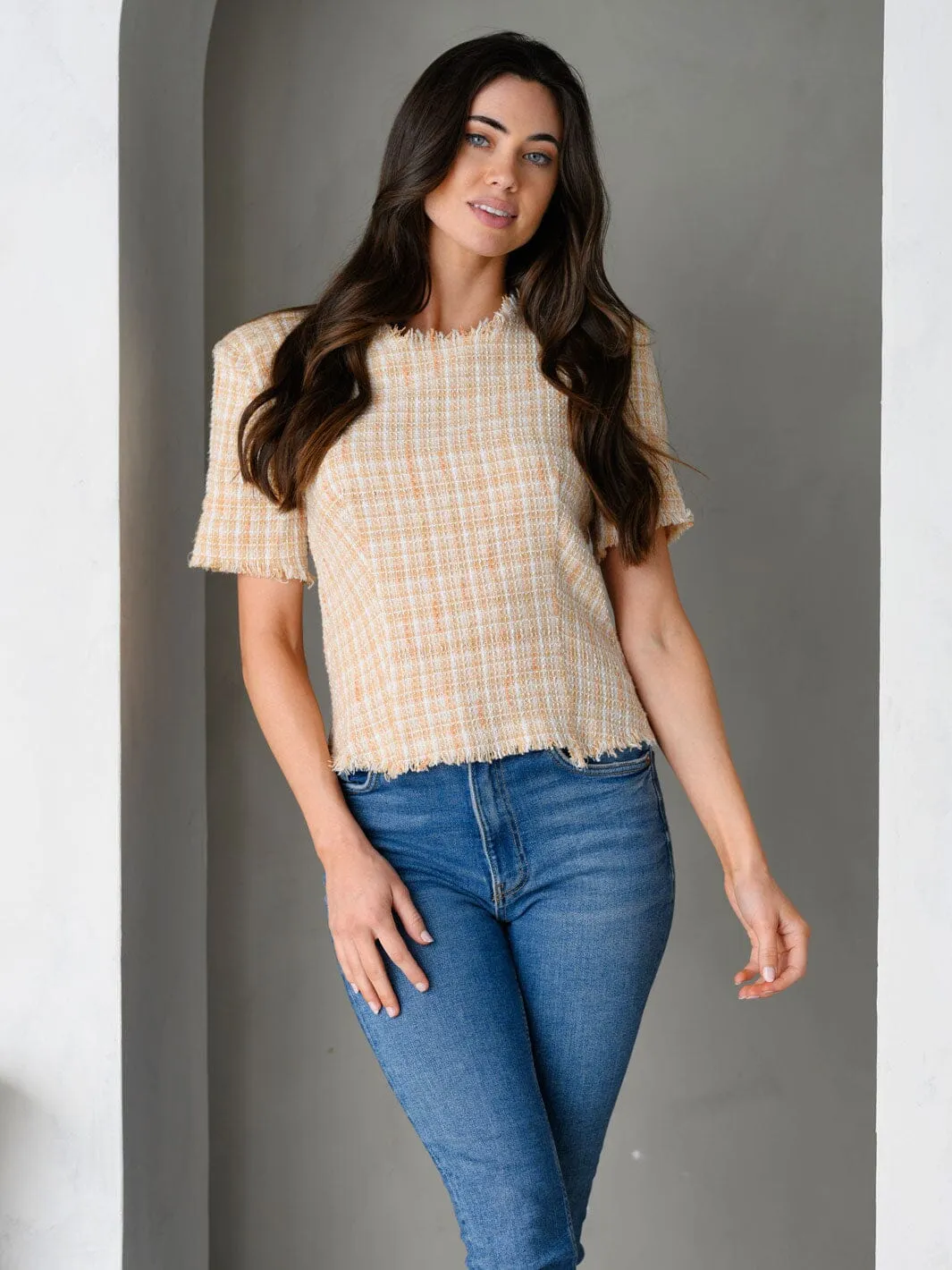 WOMEN'S PADDED SHOULDERS SHORT SLEEVE TWEED TOP