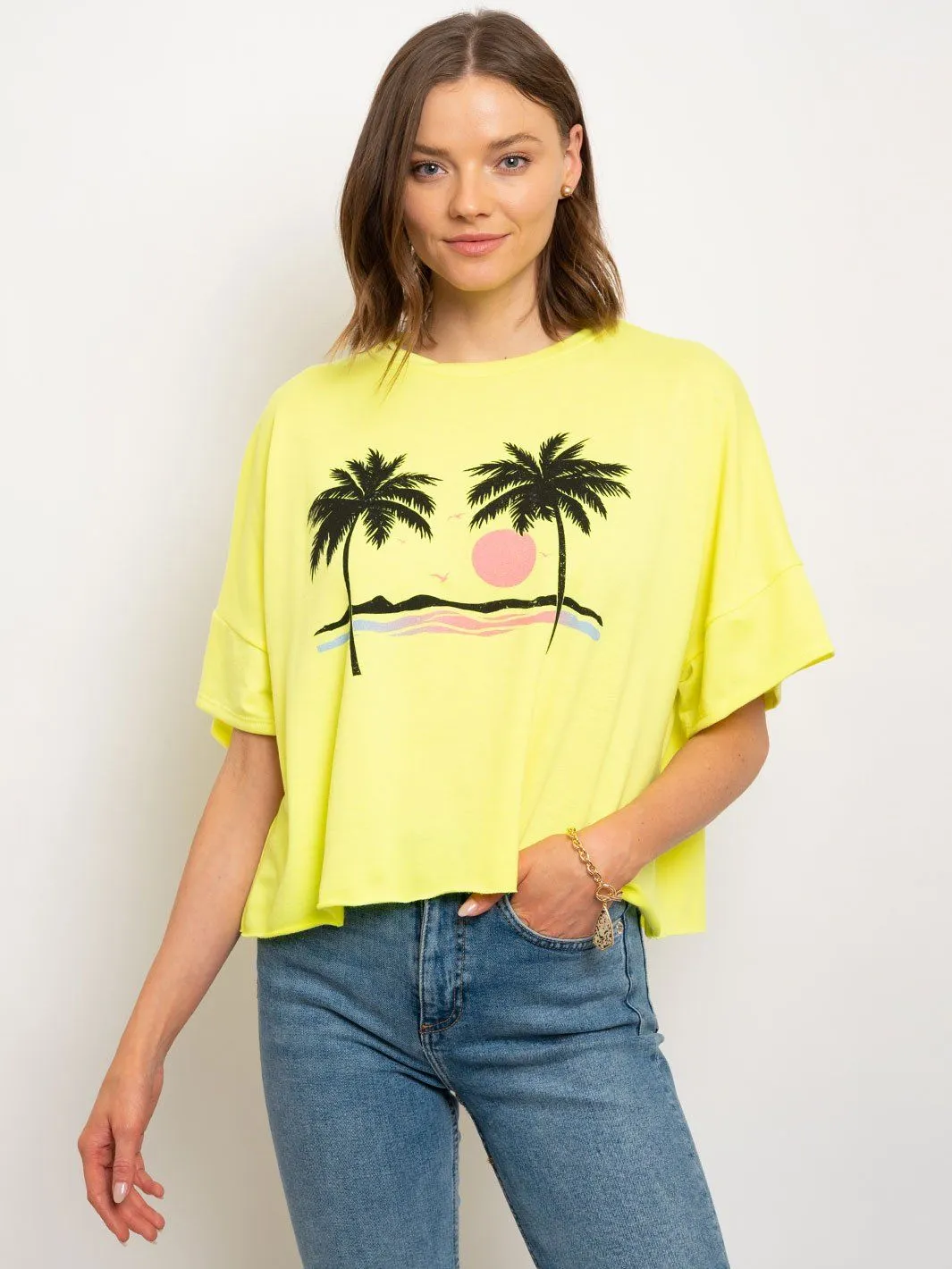 WOMEN'S PALM TREE BEACH GRAPHIC PRINT TOP