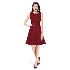 Womens Polyster Solid Round Neck Sleeveless Dresses Maroon
