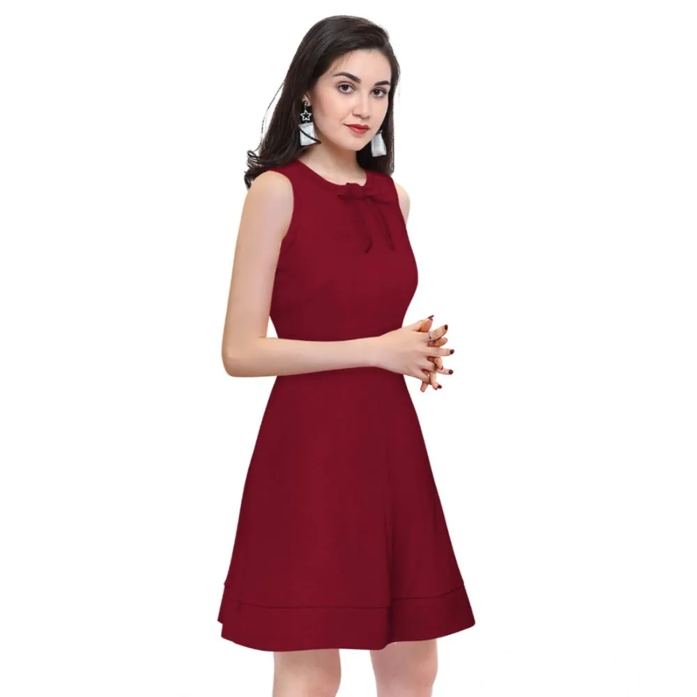 Womens Polyster Solid Round Neck Sleeveless Dresses Maroon