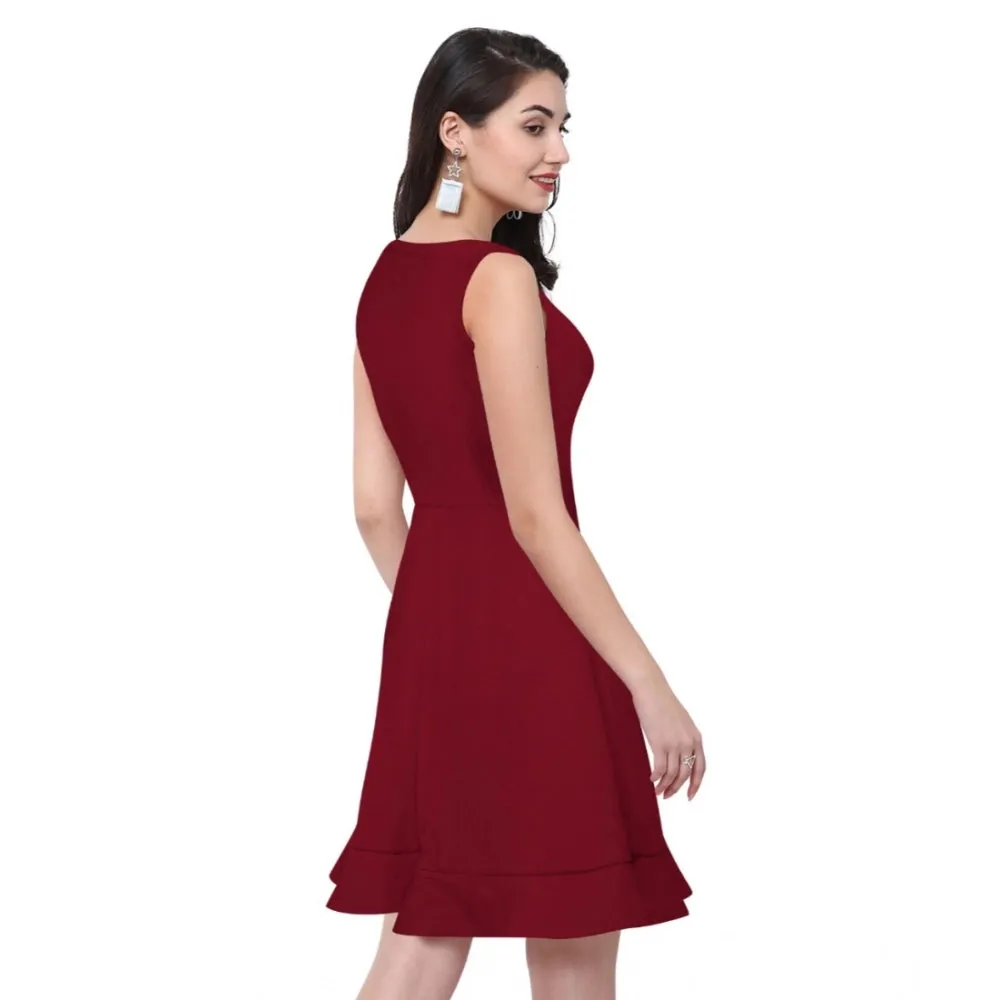 Womens Polyster Solid Round Neck Sleeveless Dresses Maroon
