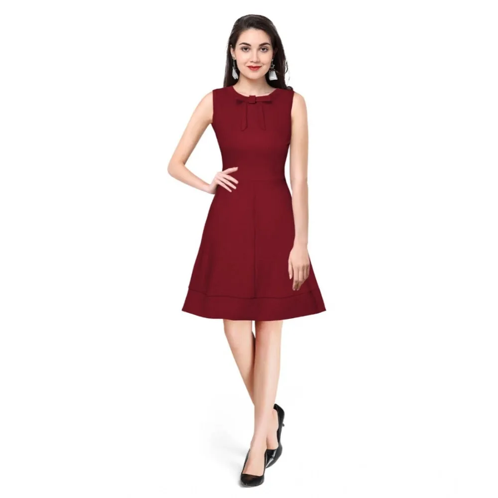 Womens Polyster Solid Round Neck Sleeveless Dresses Maroon