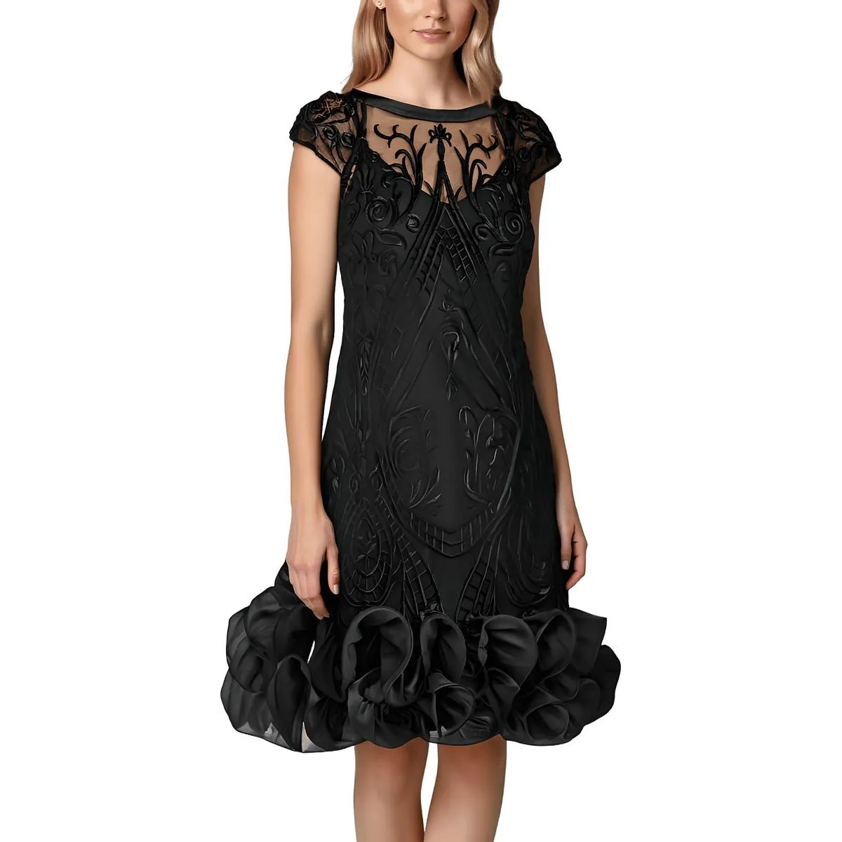 Womens Ruffled Mesh Shift Dress