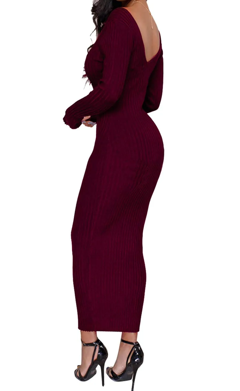 Womens Sexy Off-Shoulder Sweater Dresses Casual Long Sleeve Ankle Length Knitted Cardigans WineRed