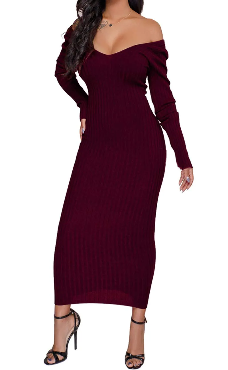 Womens Sexy Off-Shoulder Sweater Dresses Casual Long Sleeve Ankle Length Knitted Cardigans WineRed