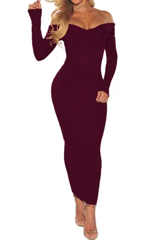 Womens Sexy Off-Shoulder Sweater Dresses Casual Long Sleeve Ankle Length Knitted Cardigans WineRed