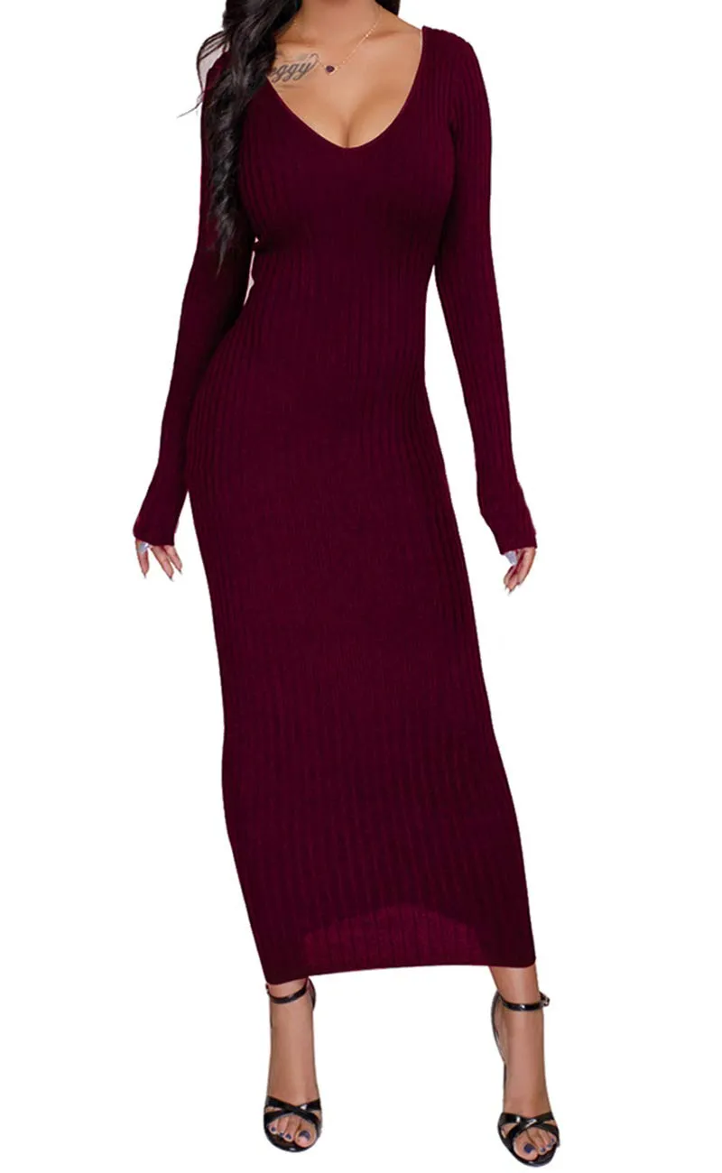 Womens Sexy Off-Shoulder Sweater Dresses Casual Long Sleeve Ankle Length Knitted Cardigans WineRed