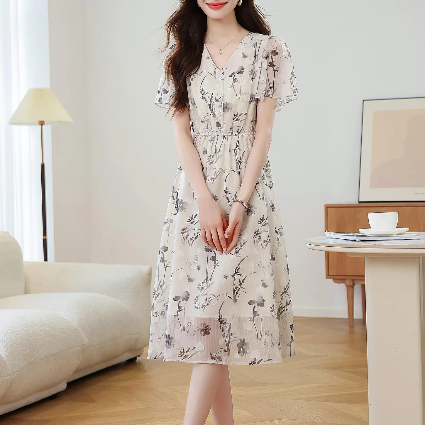 Women's Sheer Mesh Dress Featuring Beautiful Watercolor Floral Print