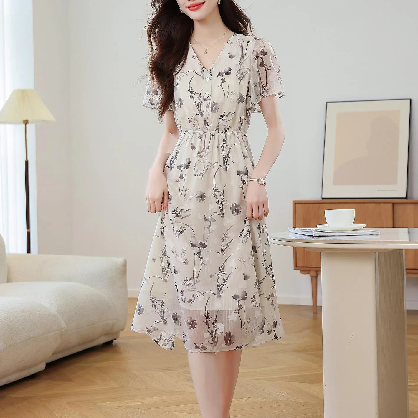 Women's Sheer Mesh Dress Featuring Beautiful Watercolor Floral Print