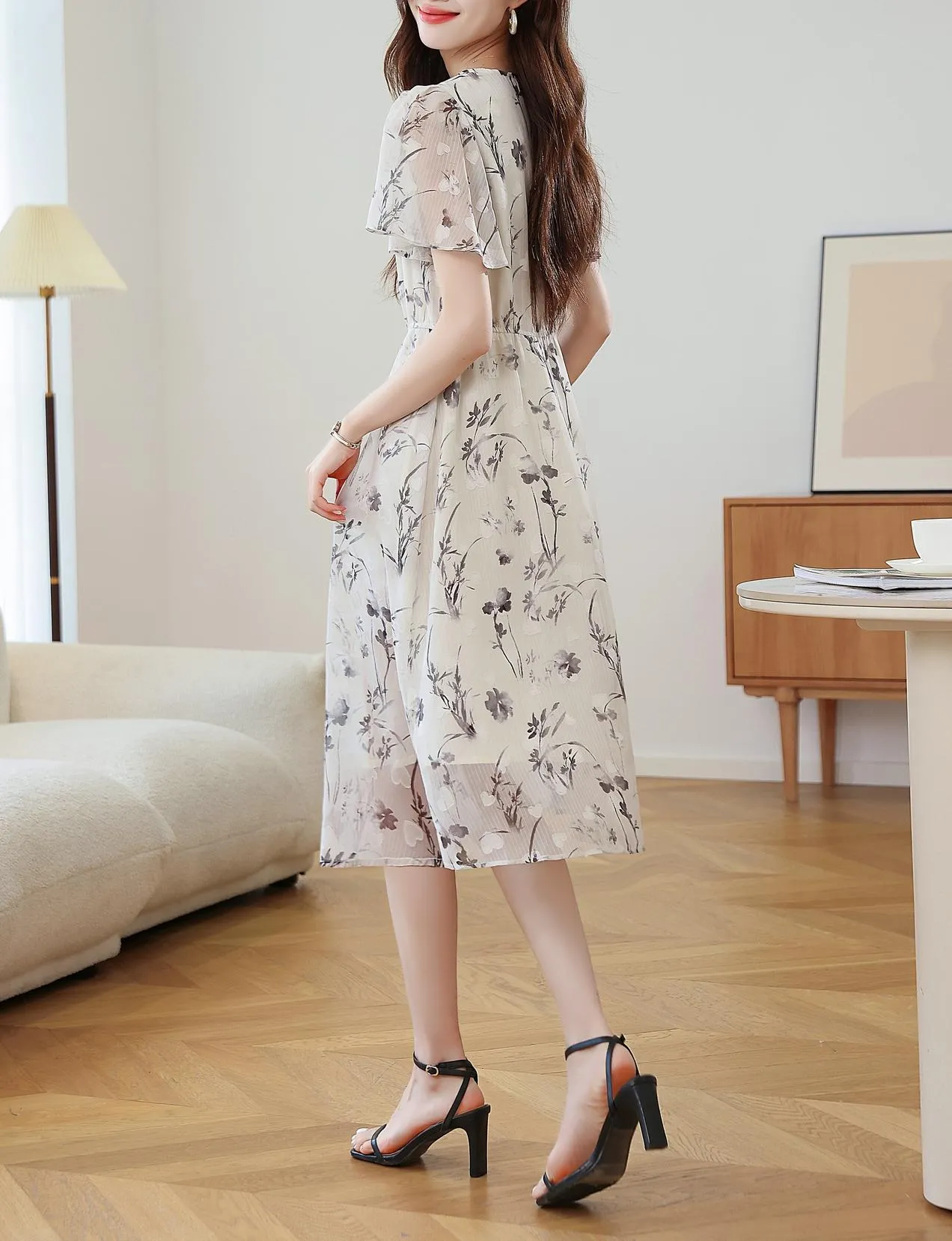 Women's Sheer Mesh Dress Featuring Beautiful Watercolor Floral Print