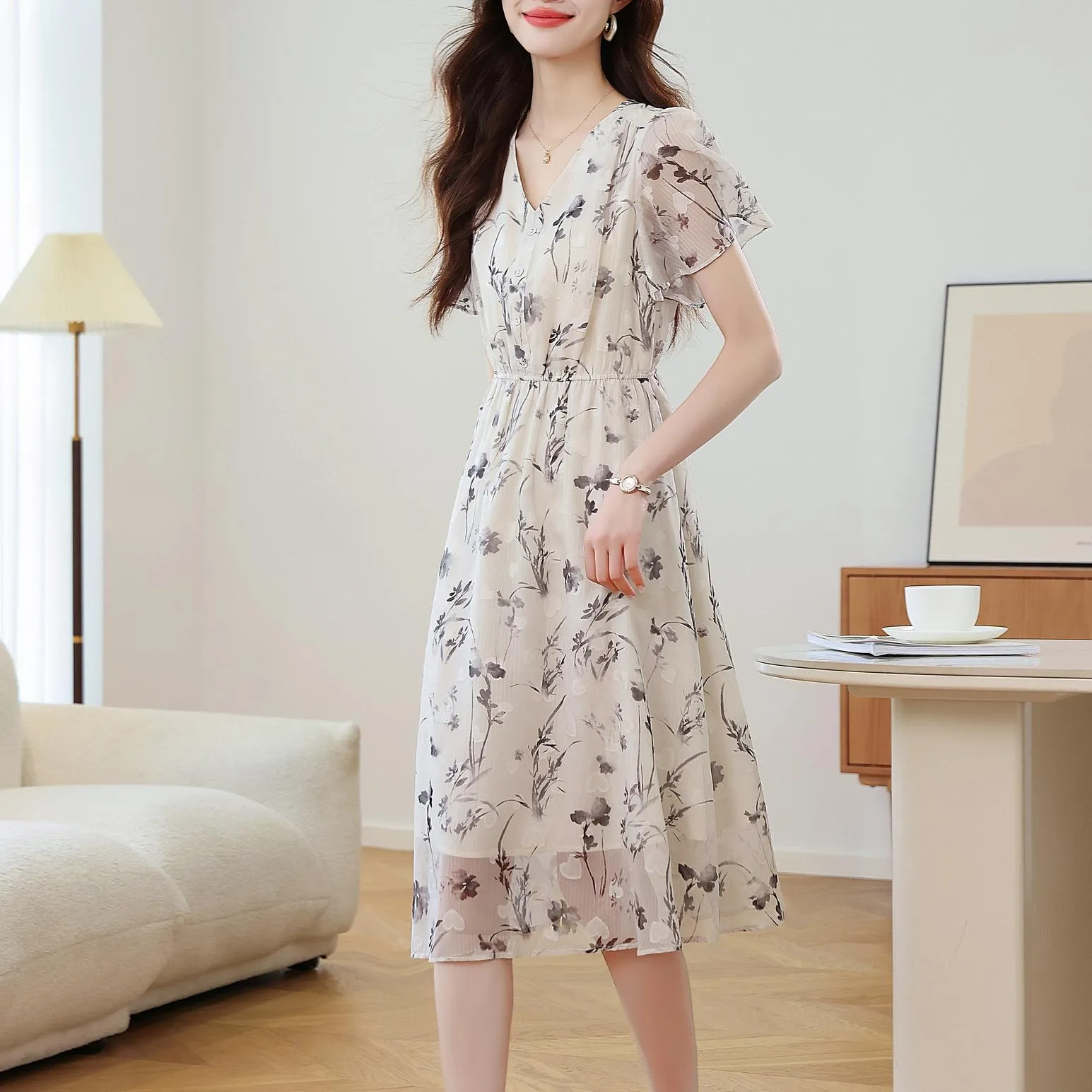 Women's Sheer Mesh Dress Featuring Beautiful Watercolor Floral Print