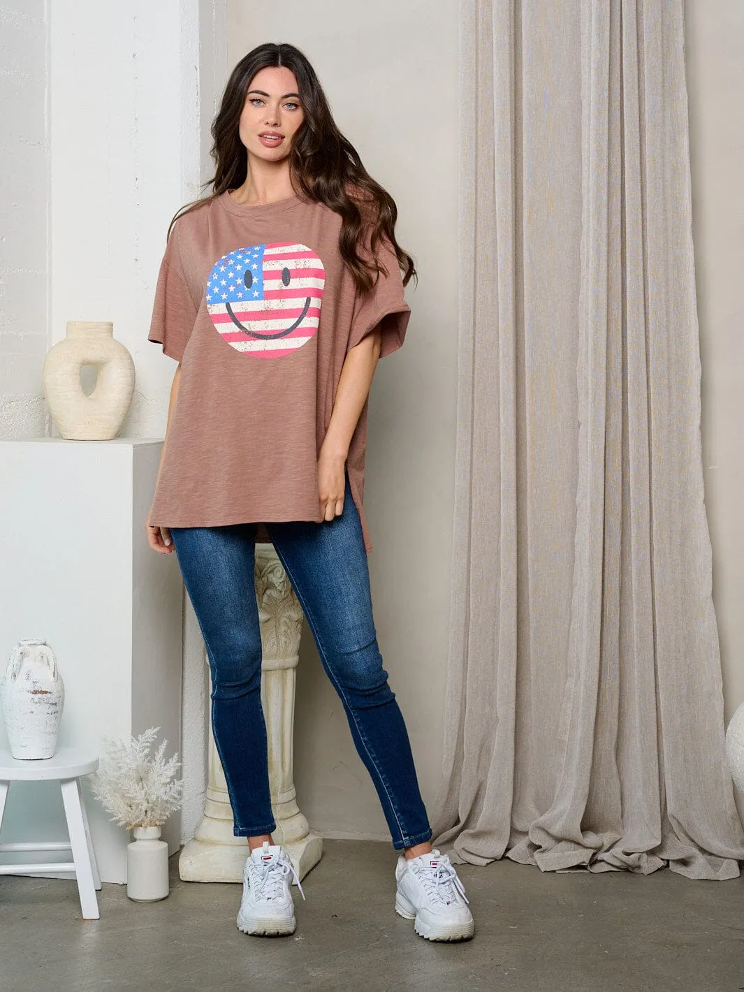 WOMEN'S SHORT SLEEVE GRAPHIC DETAILED OVERSIZE TOP