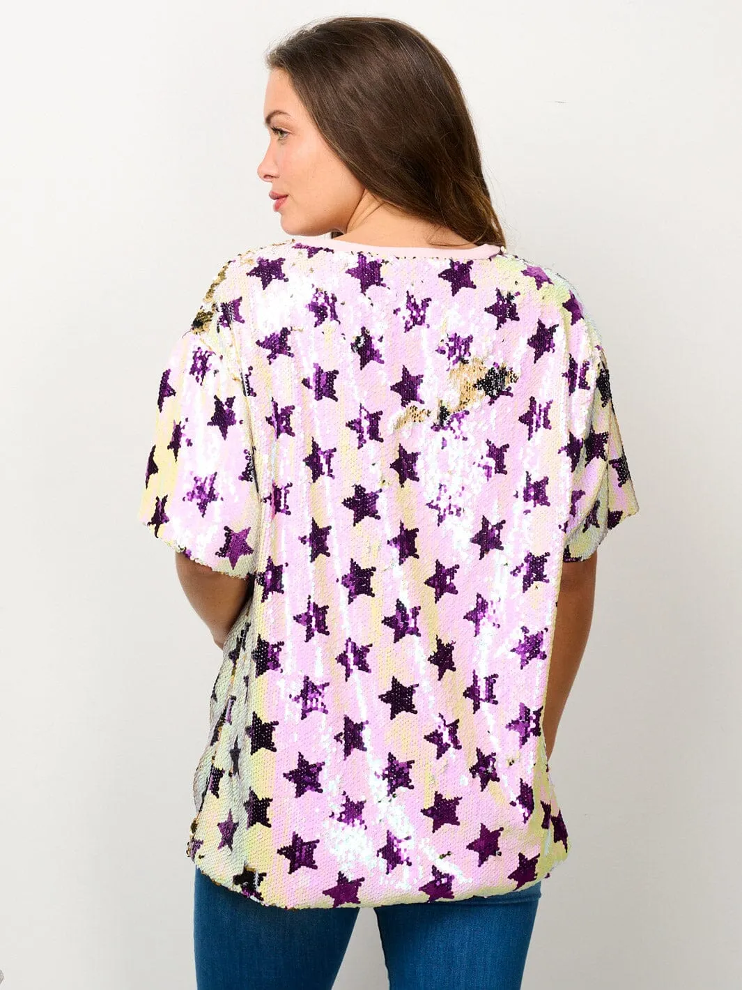 WOMEN'S SHORT SLEEVE STARS SEQUINS GRAPHIC TOP