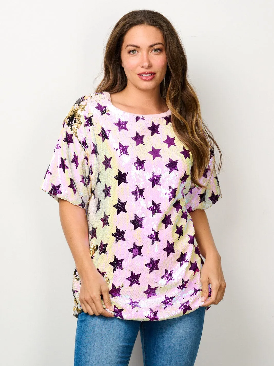 WOMEN'S SHORT SLEEVE STARS SEQUINS GRAPHIC TOP