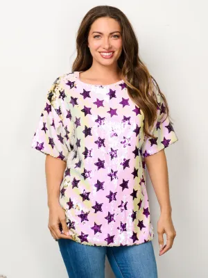 WOMEN'S SHORT SLEEVE STARS SEQUINS GRAPHIC TOP