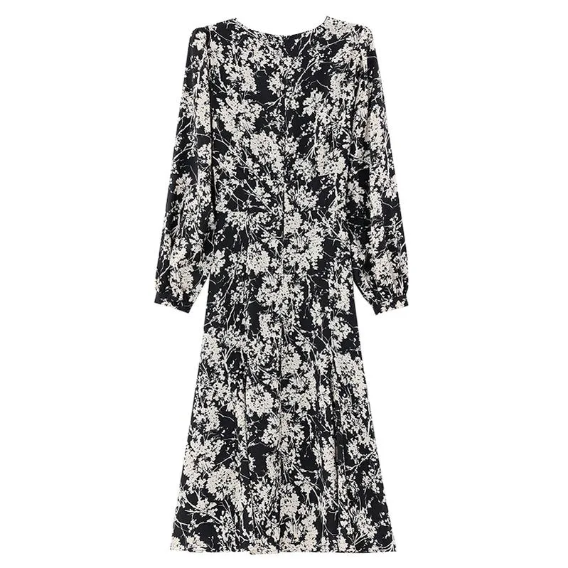 Women's Silky V-neck Floral Print Tea Tea Dress with a Fitted Waist