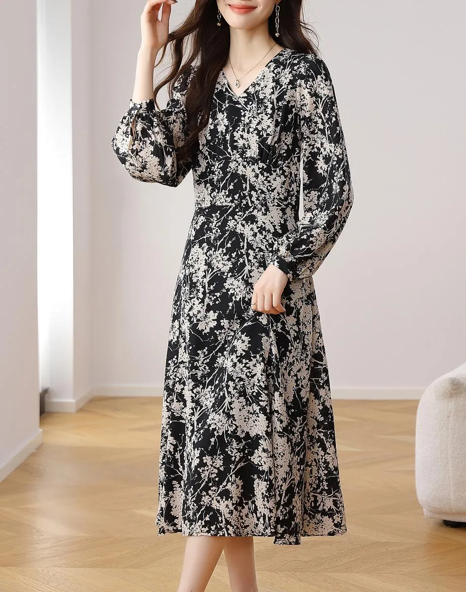 Women's Silky V-neck Floral Print Tea Tea Dress with a Fitted Waist