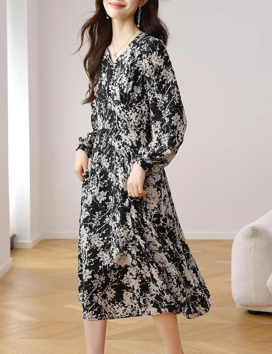 Women's Silky V-neck Floral Print Tea Tea Dress with a Fitted Waist