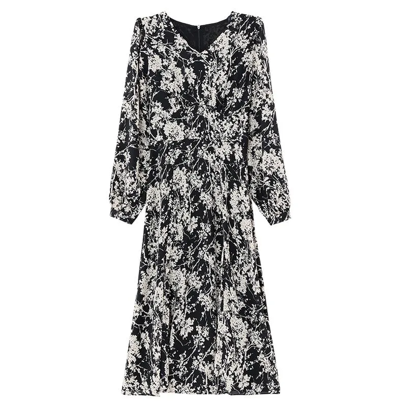 Women's Silky V-neck Floral Print Tea Tea Dress with a Fitted Waist