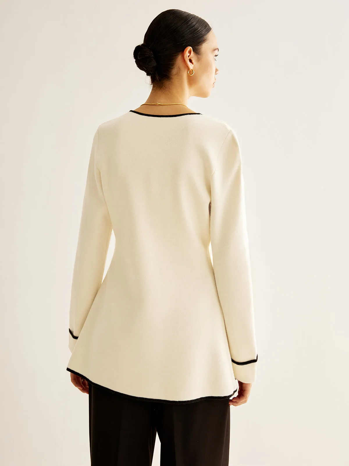 Wool-Blend Contrast Trim Slit Cardigan