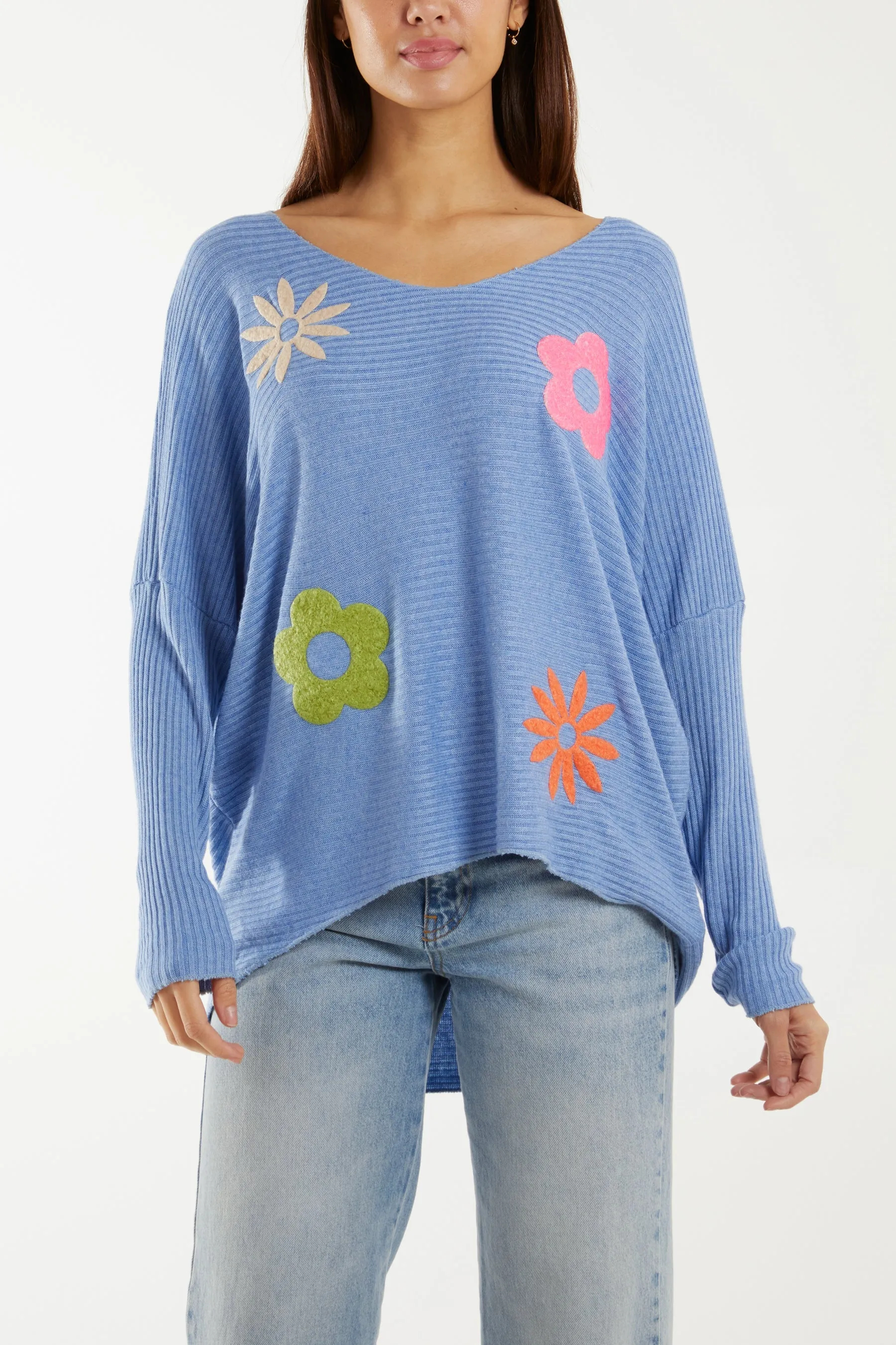 Wool Blend Floral Ribbed Knit Jumper