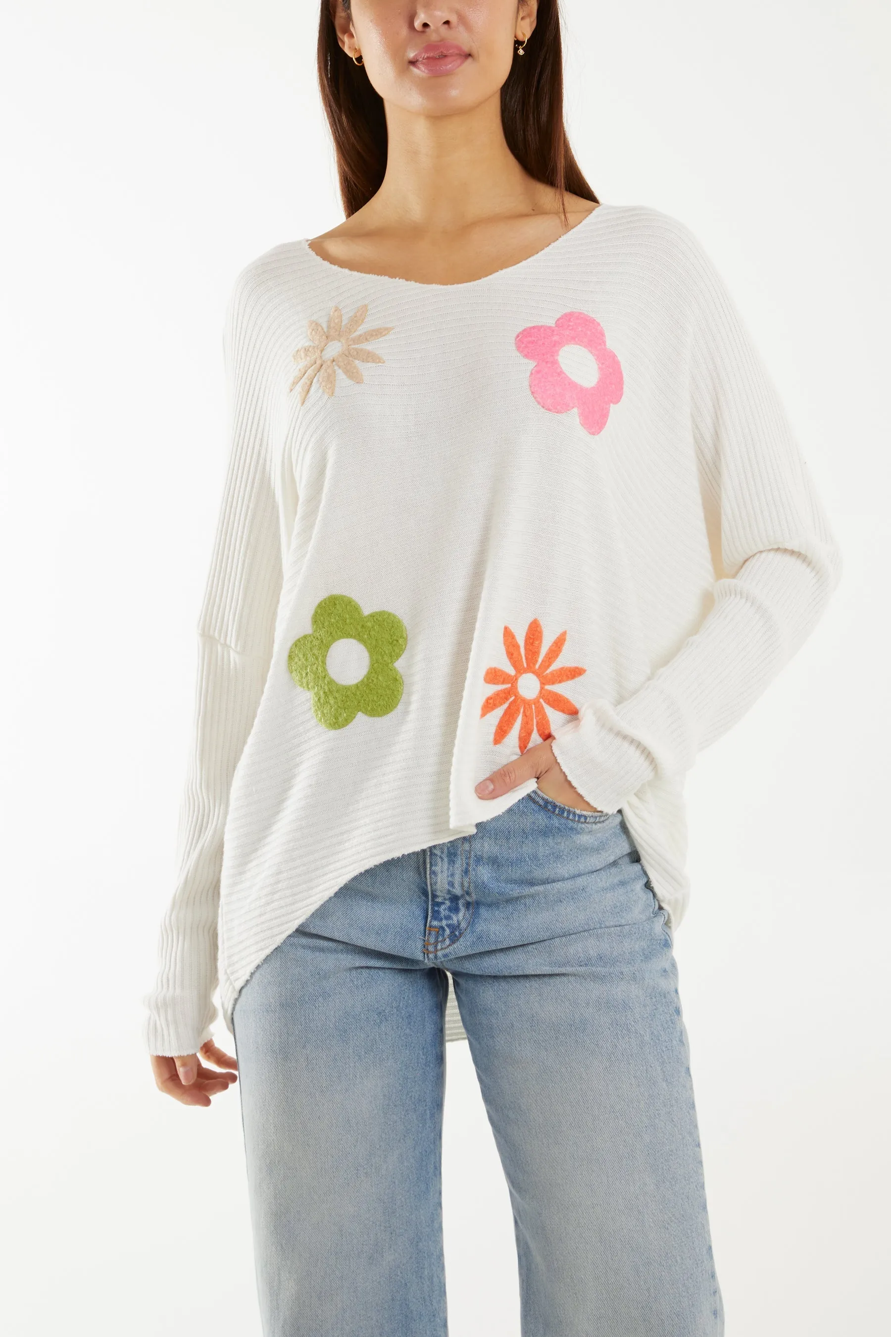 Wool Blend Floral Ribbed Knit Jumper