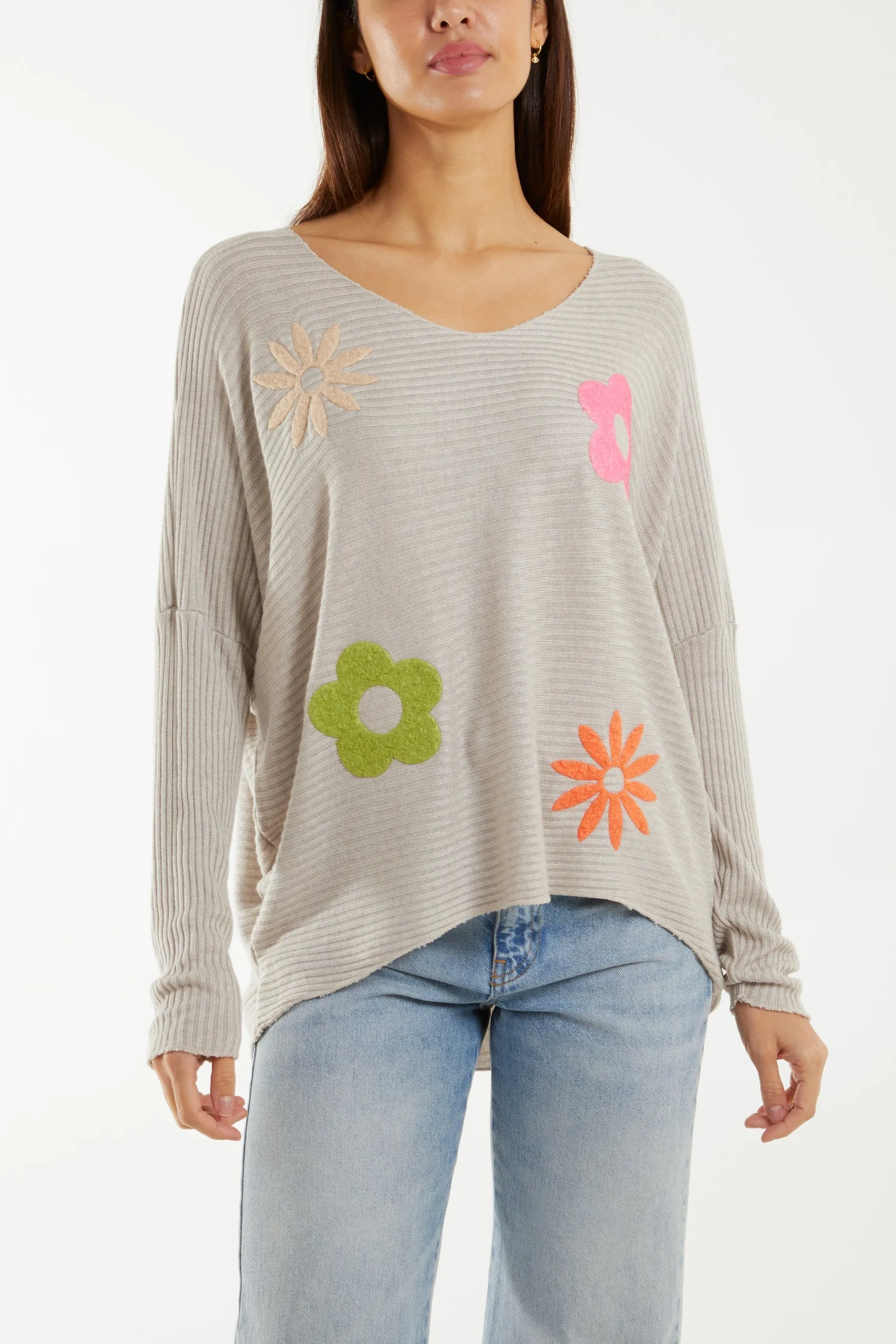 Wool Blend Floral Ribbed Knit Jumper