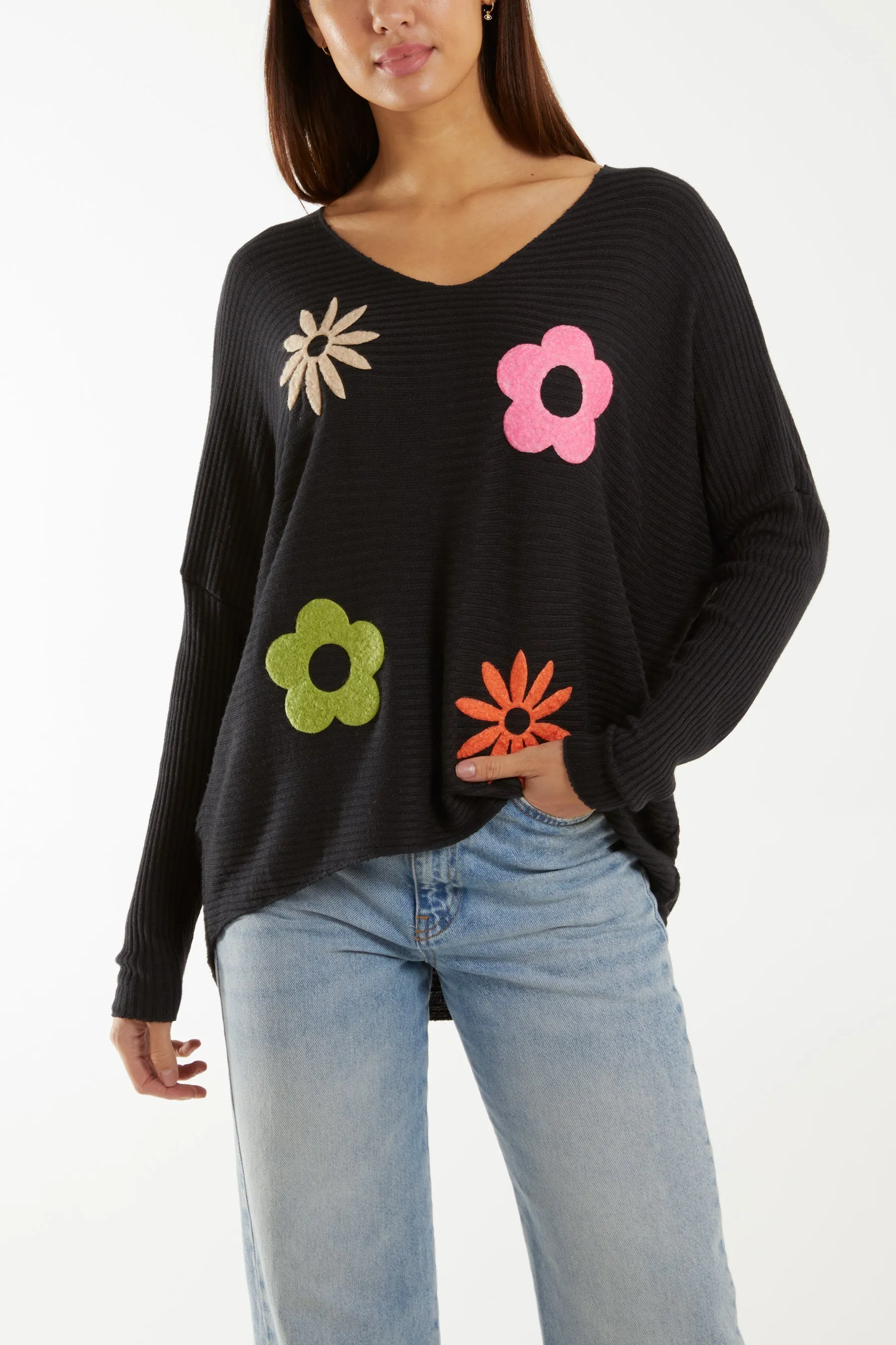 Wool Blend Floral Ribbed Knit Jumper